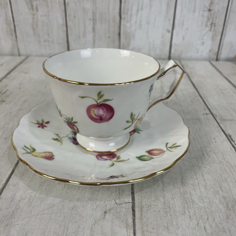 Vintage Aynsley Florida Tea Cup & Saucer Set Fruits Gold Accents England
